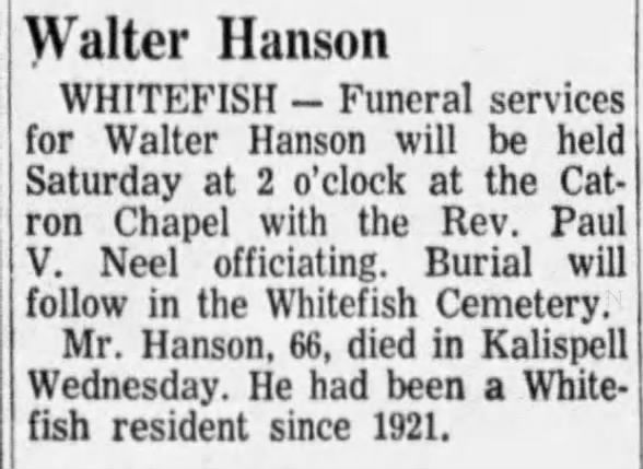 Obituary for Walter Hanson (Aged 66)
